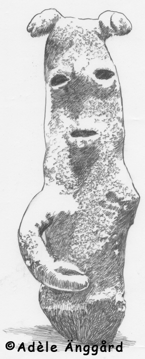Fig. 4 Figurine from Porodin, Central Balkans 6th millennium BCE, is a schismatic portrayal of the human and animal combined. The figurine has a bear's head, and typically for the period, no legs. Taken from Gimbutas (1982:192) Adele%20fig4